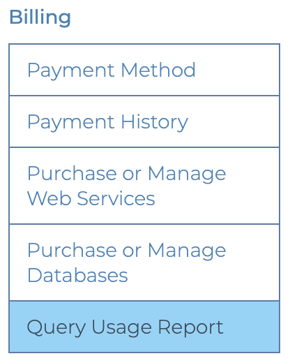 Query Usage Report selection in the Billing Menu of the account portal