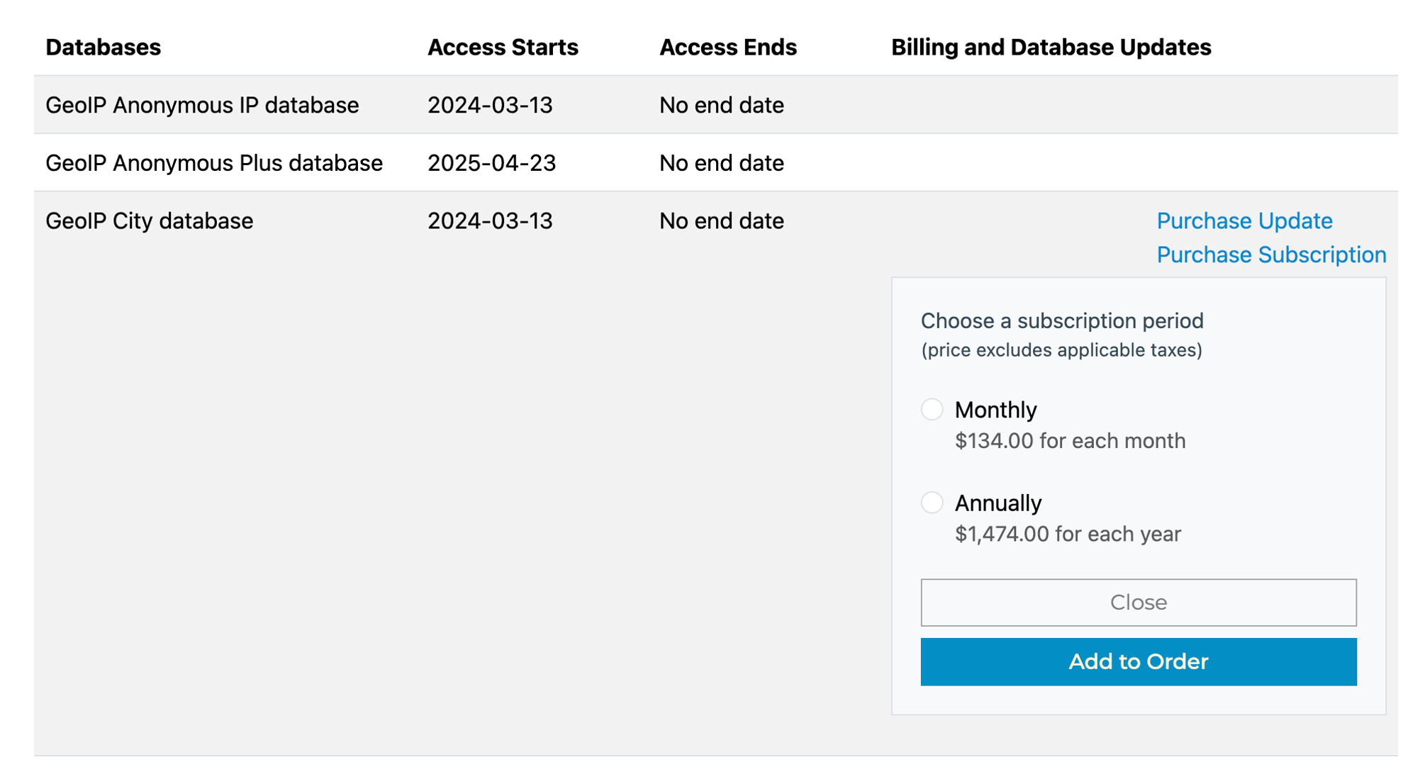 Modify your database subscriptions