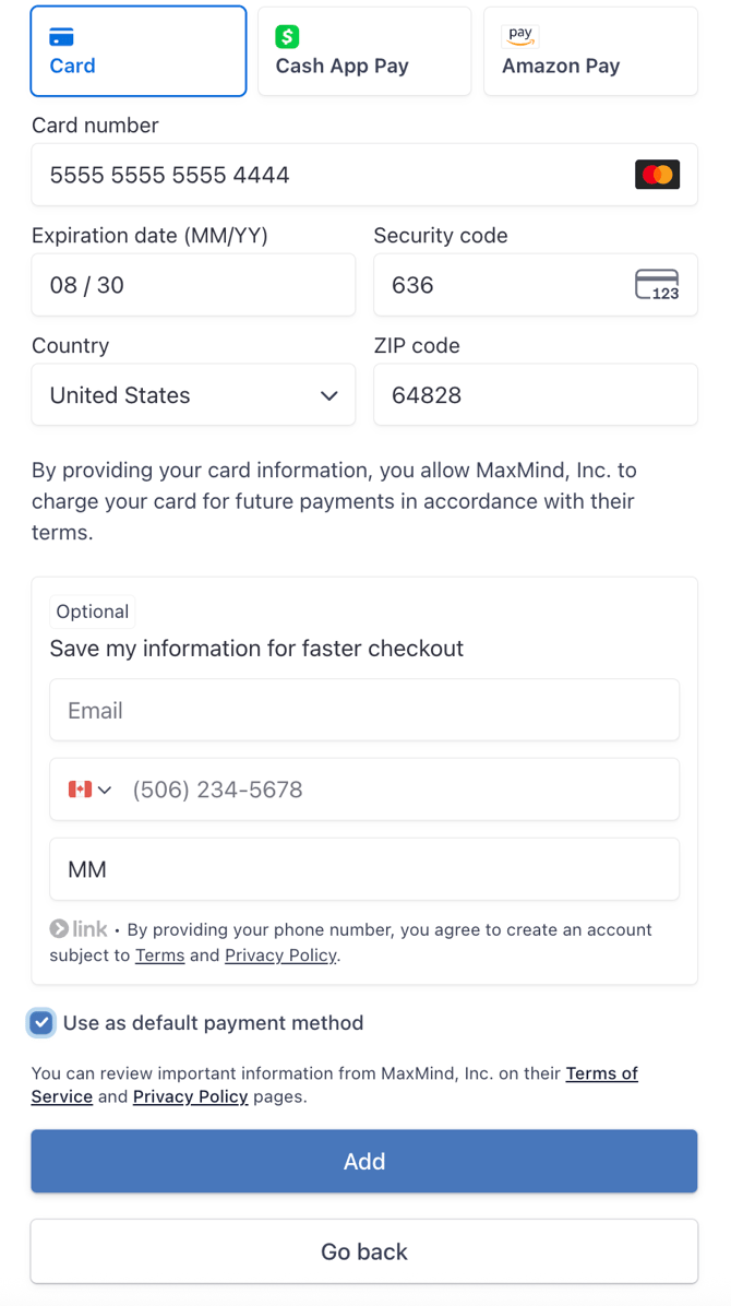 add card checked off default