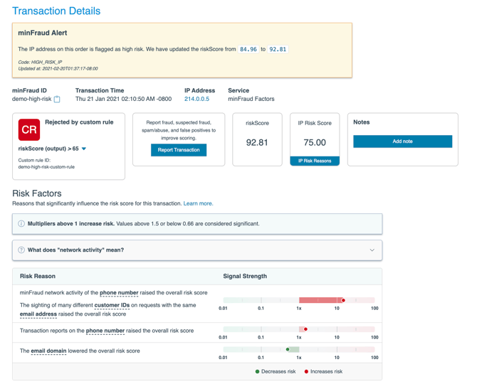 risk score reasons main view