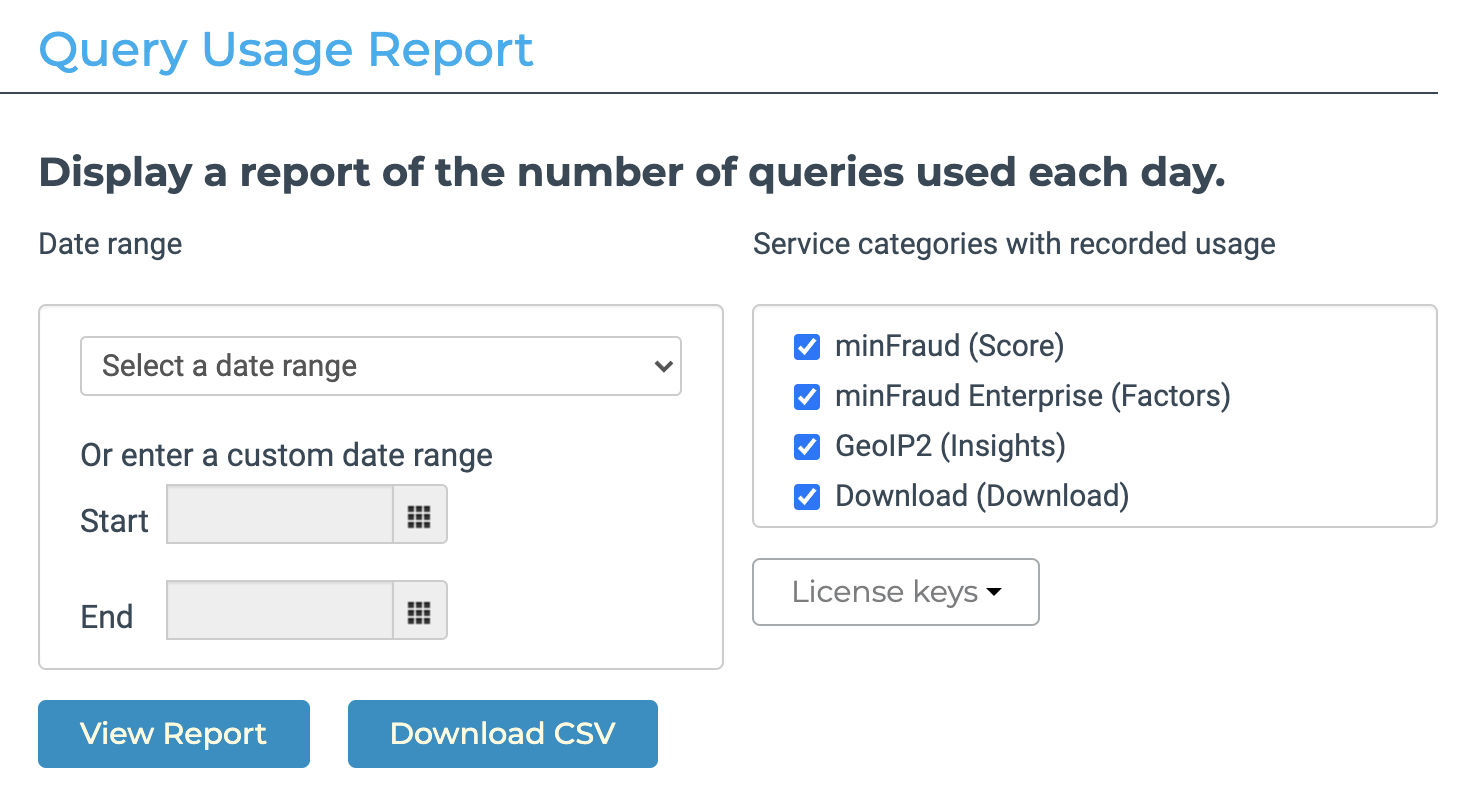 Display of the Query Usage Report filters in the account portal